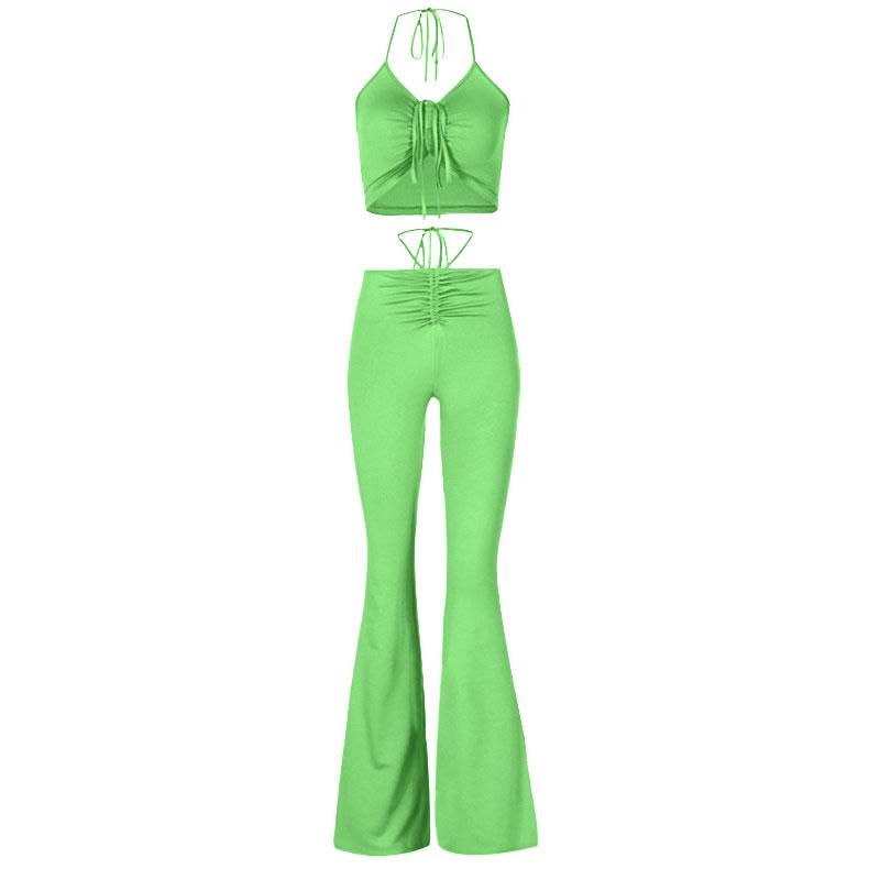 acelimosf™-Self tie halter drawstring ruched backless solid flared pant set