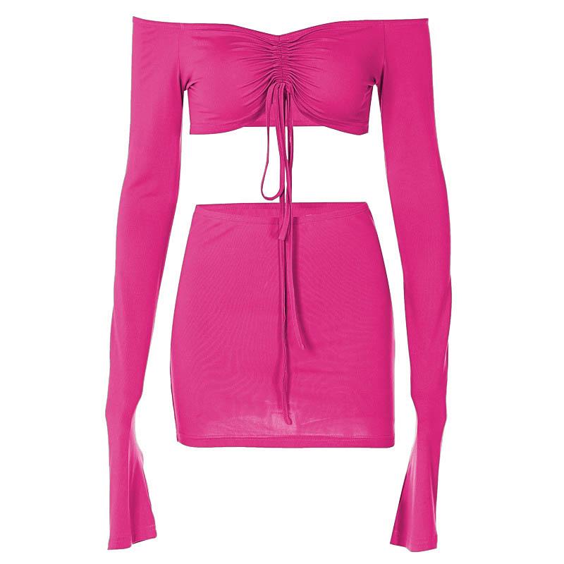 acelimosf™-Drawstring off shoulder long sleeve solid mini skirt set