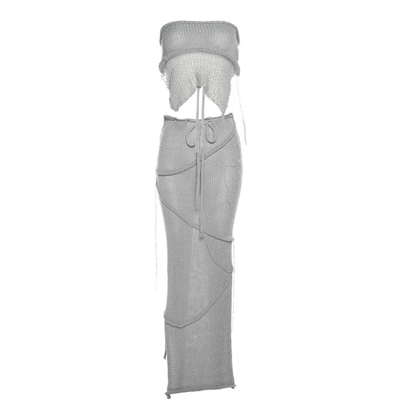 acelimosf™-Backless self tie slit solid tube knitted maxi skirt set