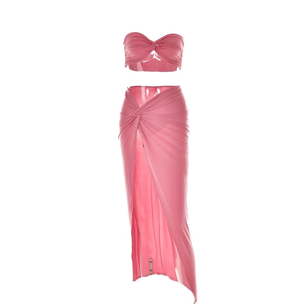 acelimosf™-Slit knotted solid sweetheart neck tube midi skirt set