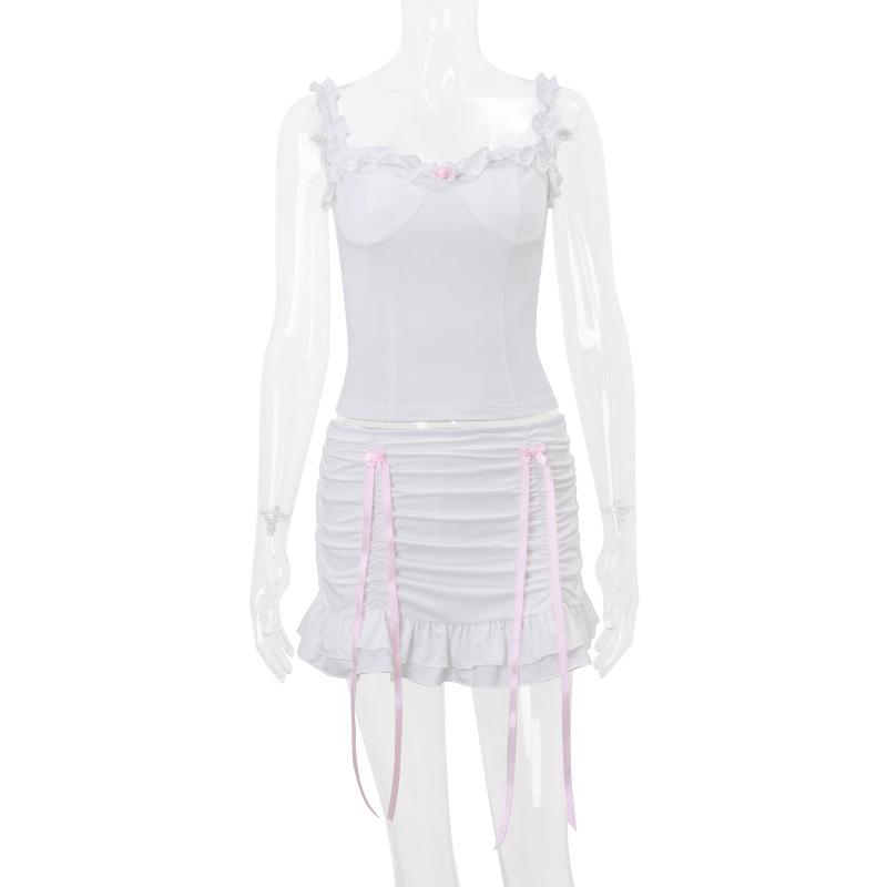 acelimosf™-Ruffle ruched bowknot ribbon stitch cami skirt set