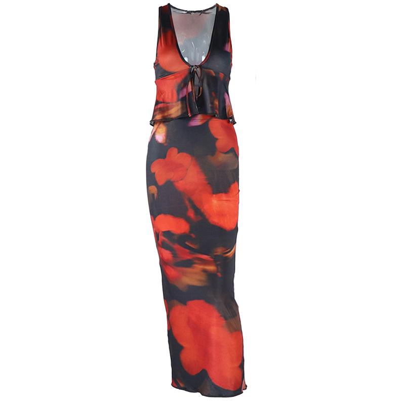 acelimosf™-Deep v neck ruffle print self tie tank midi skirt set