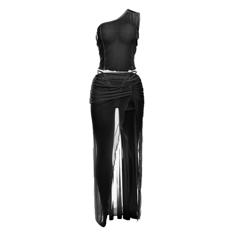 acelimosf™-One shoulder high slit ruffle sheer mesh maxi skirt set