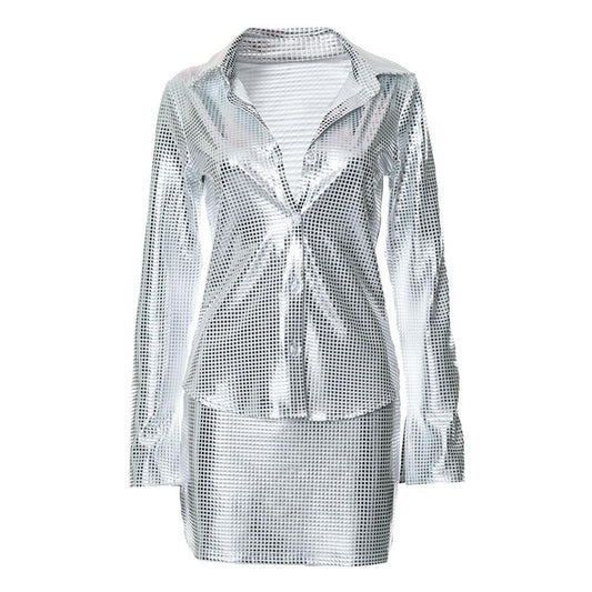 acelimosf™-Metallic button turnover collar long sleeve mini skirt set