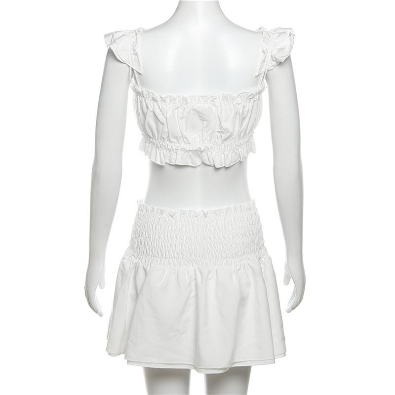 acelimosf™-Smocked ruched cap sleeve solid ruffle mini skirt set