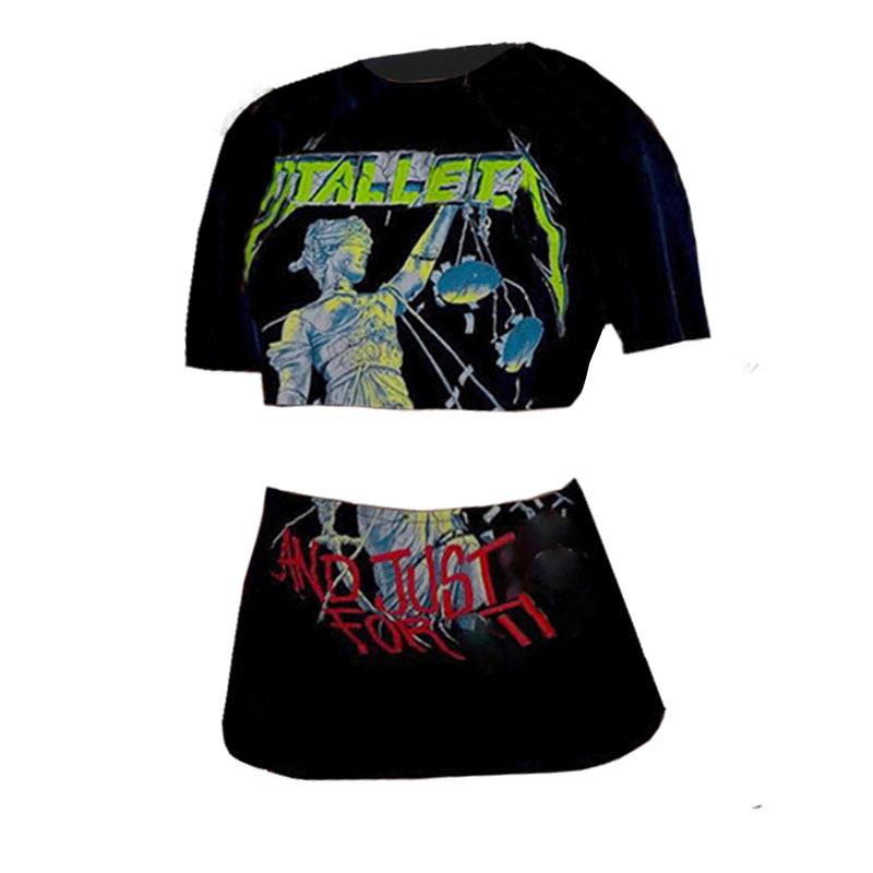 acelimosf™-Crewneck short sleeve abstract contrast mini skirt set y2k 90s Revival Techno Fashion