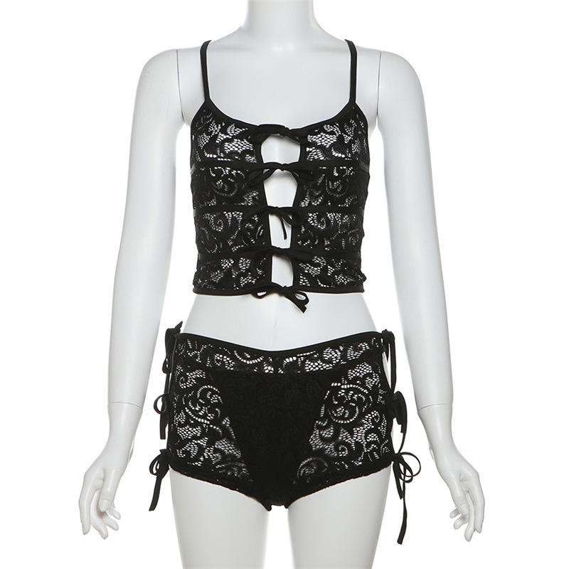 acelimosf™-Bowknot lace hollow out see through cami pant set