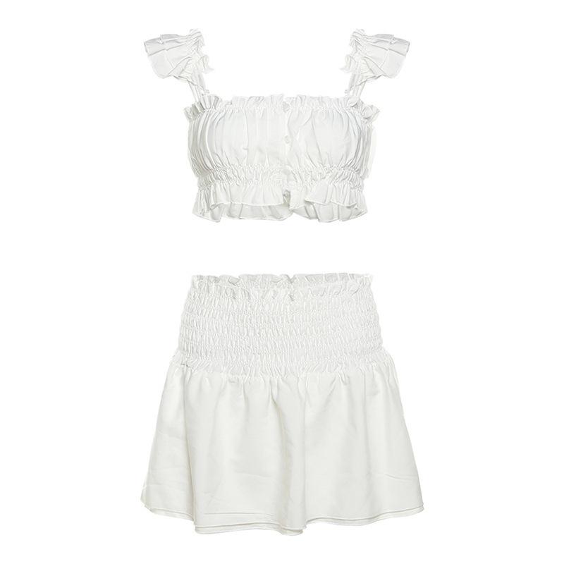 acelimosf™-Smocked ruched cap sleeve solid ruffle mini skirt set