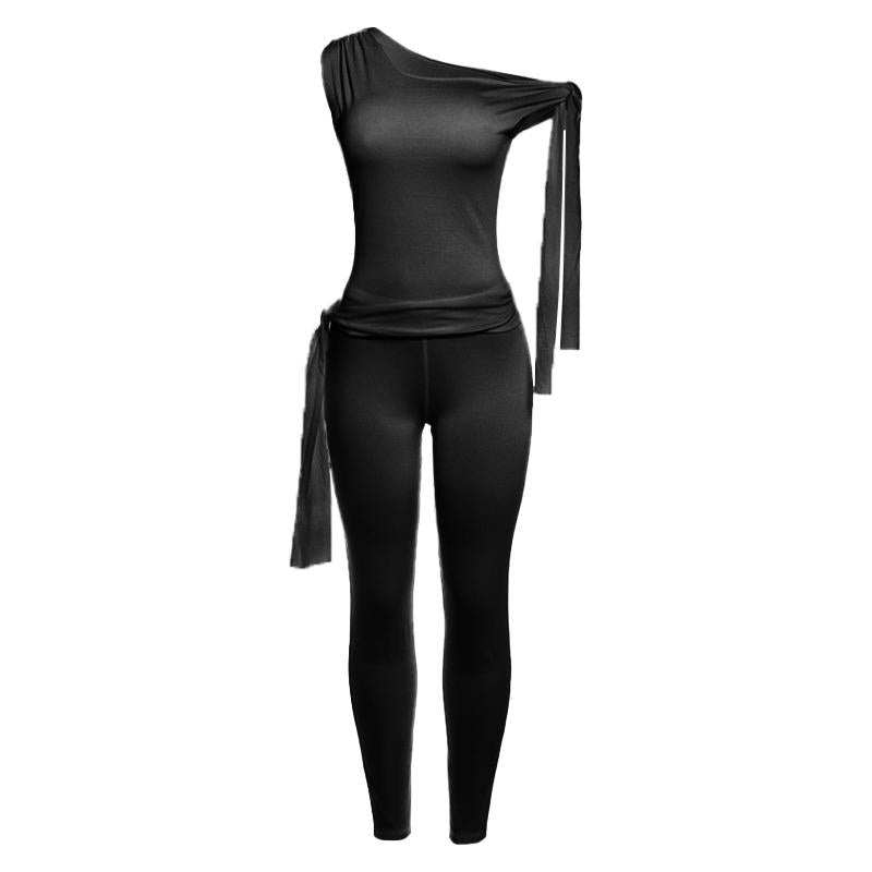 acelimosf™-One shoulder self tie irregular solid high rise pant set