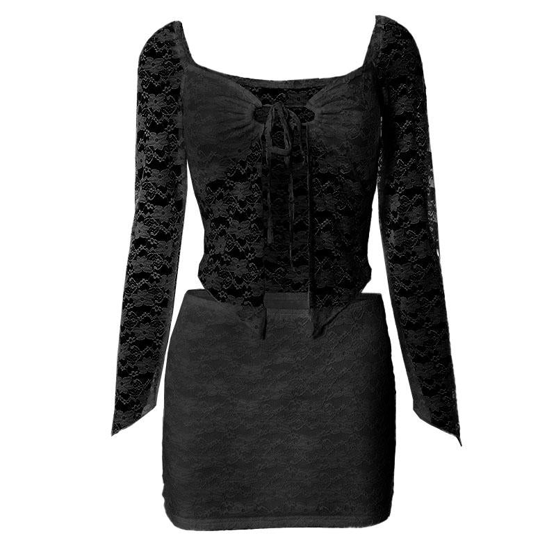 acelimosf™-Self tie long sleeve lace v neck mini skirt set