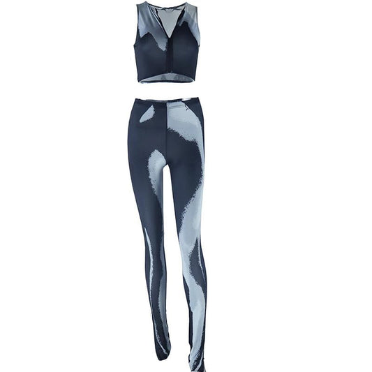 acelimosf™-U neck zip-up print contrast crop pant set