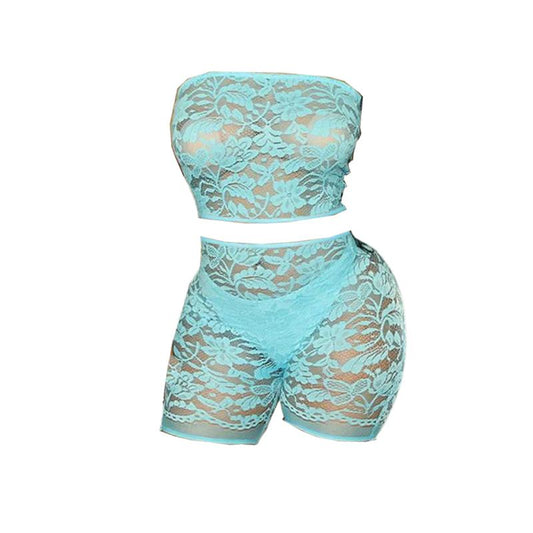 acelimosf™-Lace see through solid tube pant set