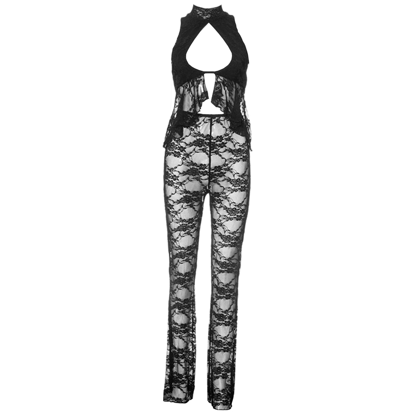 acelimosf™-High neck lace hollow out ruffle see through pant set