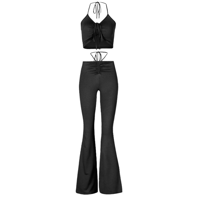 acelimosf™-Self tie halter drawstring ruched backless solid flared pant set