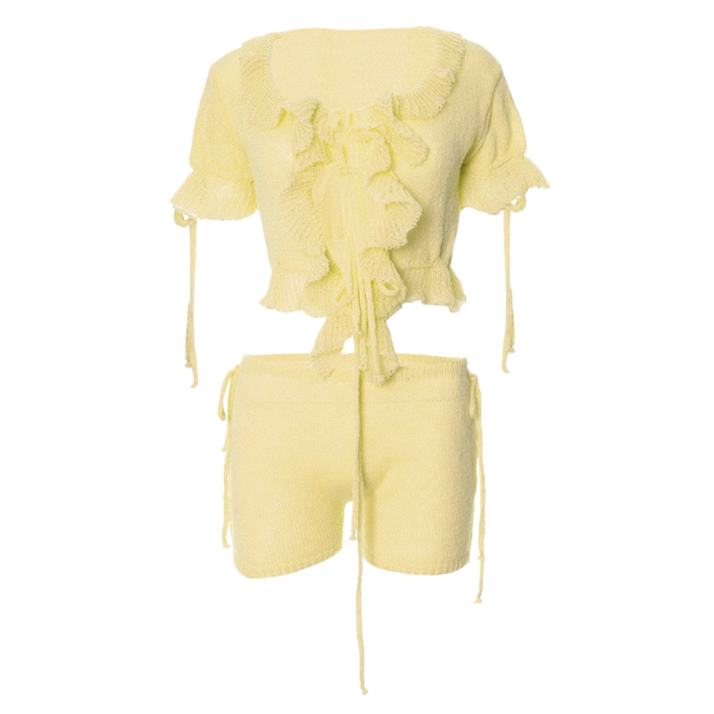 acelimosf™-Short sleeve ruffle knitted drawstring ruched pant set