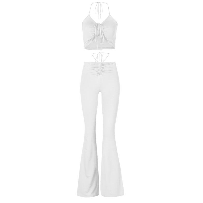 acelimosf™-Self tie halter drawstring ruched backless solid flared pant set