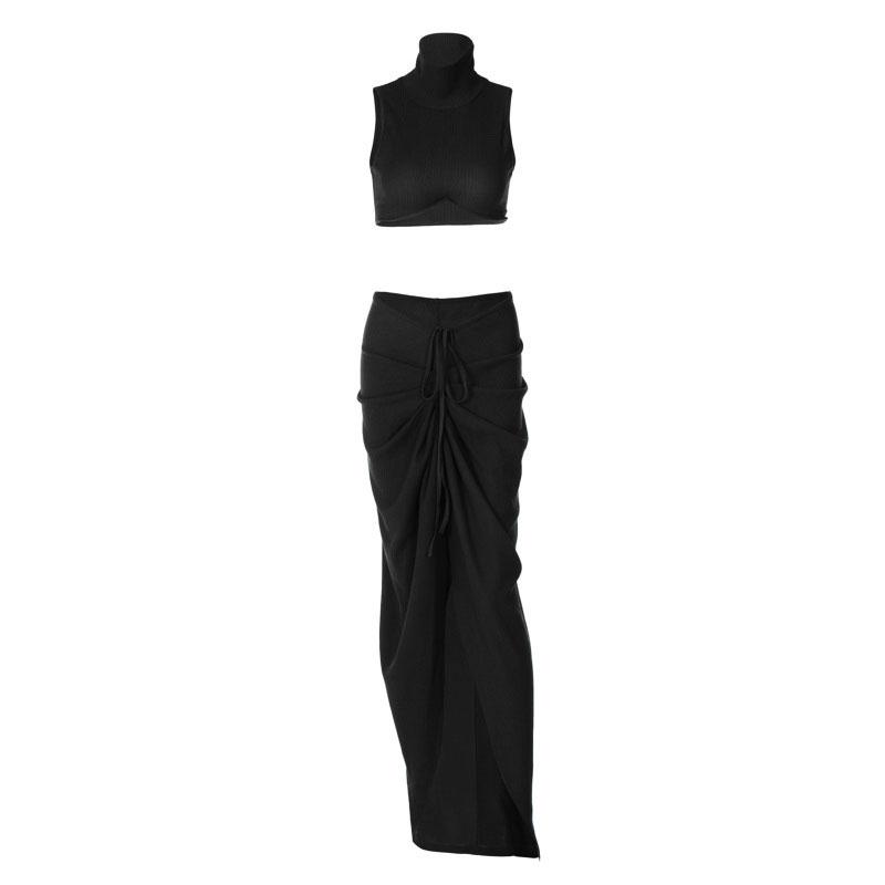 acelimosf™-Slit textured sleeveless high neck ruched solid maxi skirt set