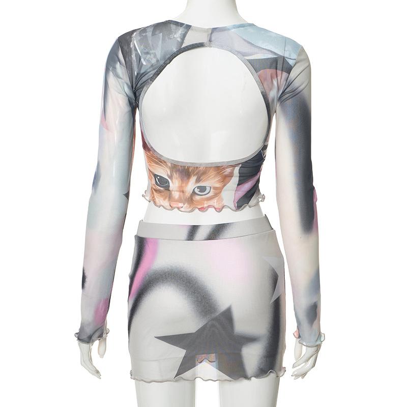 acelimosf™-Long sleeve sheer mesh cat print mini skirt set