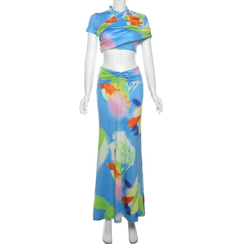 acelimosf™-Short sleeve ruched contrast print maxi skirt set