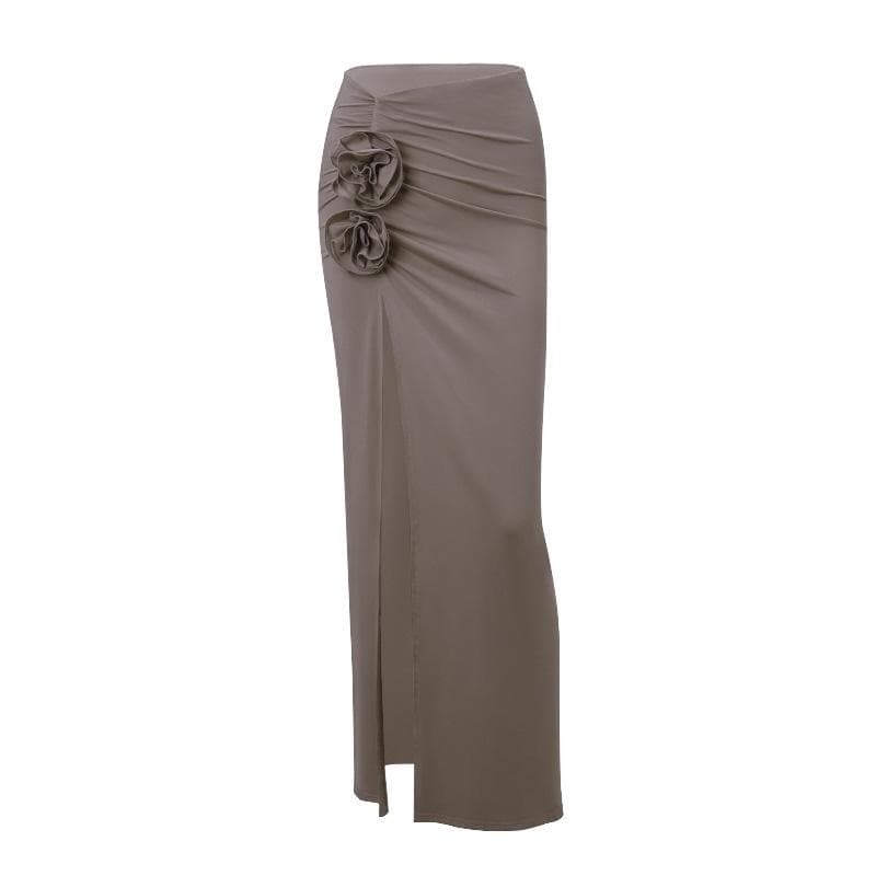 acelimosf™-Ruched high slit flower applique irregular solid maxi skirt