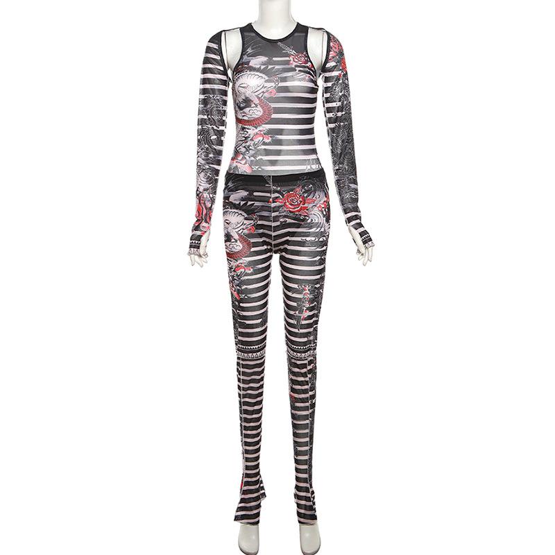 acelimosf™-Striped long sleeve gloves contrast sheer mesh see through shrug bodysuit pant set