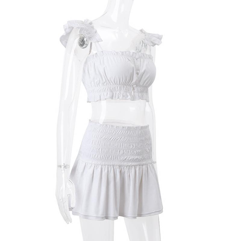 acelimosf™-Smocked solid cap sleeve ruffle button mini skirt set y2k 90s Revival Techno Fashion