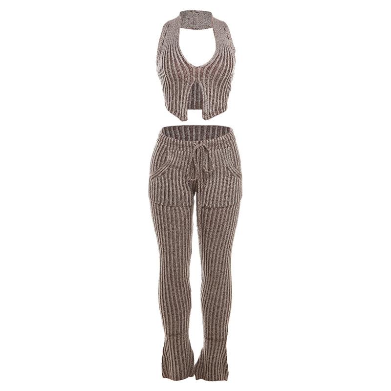 acelimosf™-Textured striped contrast halter slit pocket v neck pant set