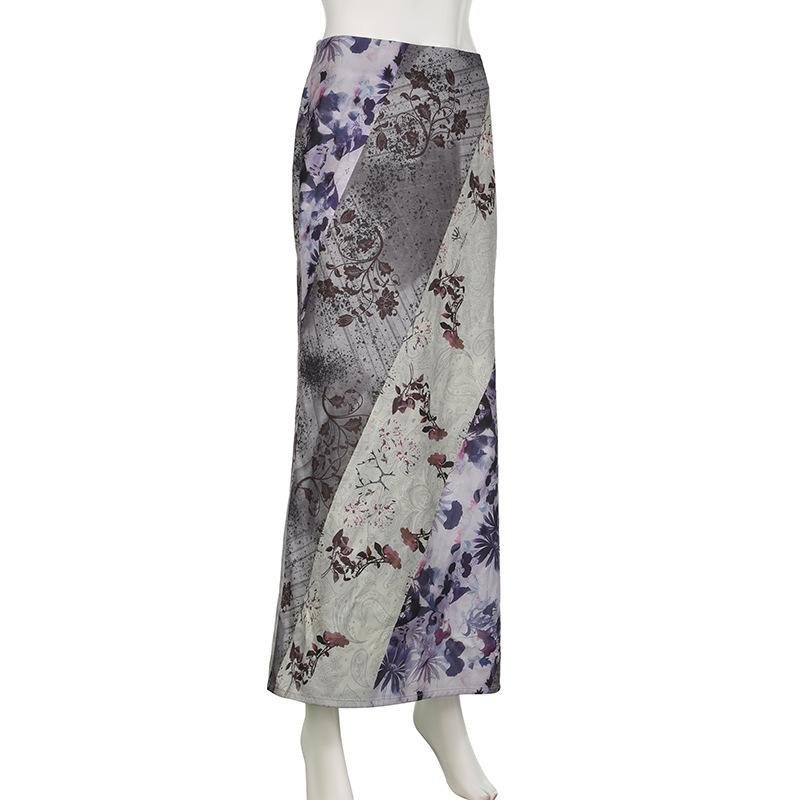 acelimosf™-Flower print contrast maxi skirt