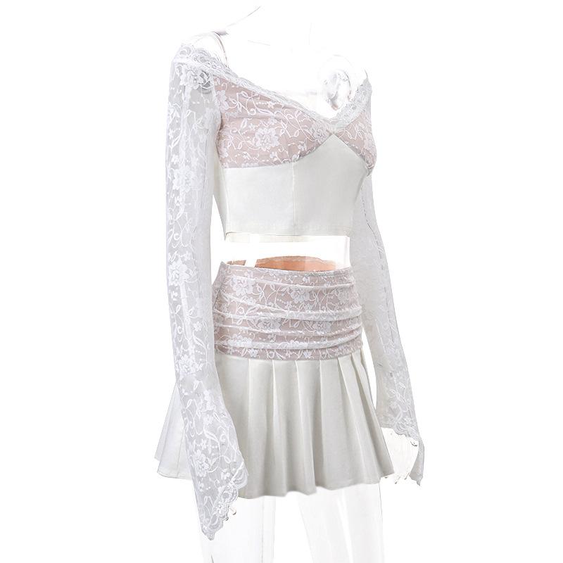 acelimosf™+Long flared sleeve lace patchwork pleated ruched zip-up mini skirt set