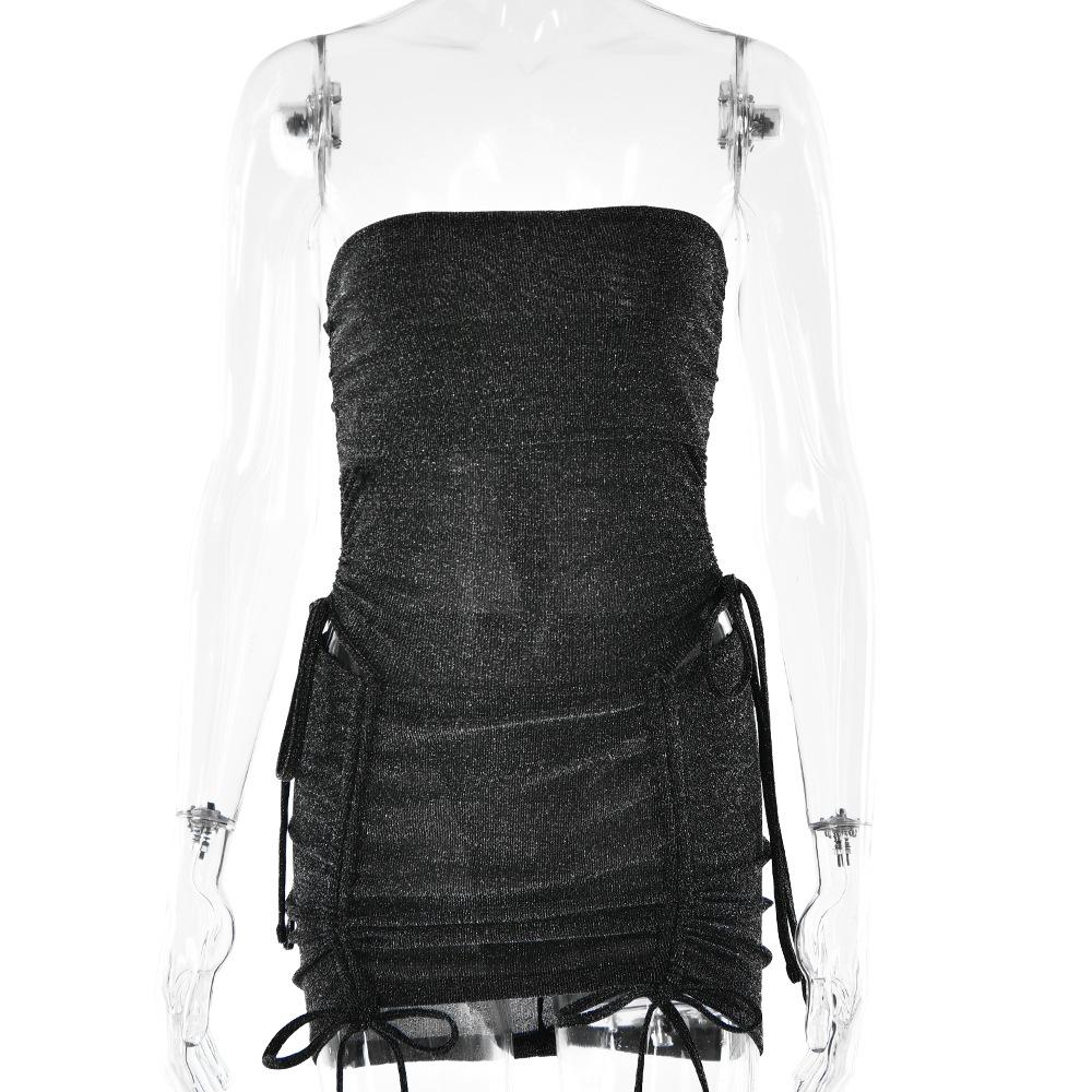 acelimosf™-Drawstring textured backless solid bodysuit mini skirt set