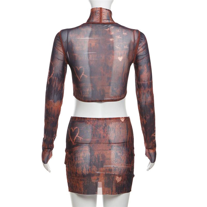 acelimosf™-Long sleeve high neck print sheer mesh crop mini skirt set