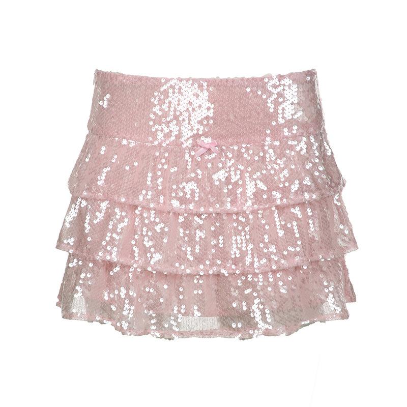 acelimosf™-A line glitter bowknot ruched mini skirt