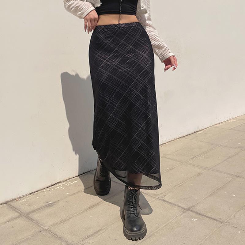 acelimosf™-Mesh plaid contrast high rise midi skirt grunge 90s Streetwear Disheveled Chic Fashion grunge 90s Streetwear Distressed Fashion