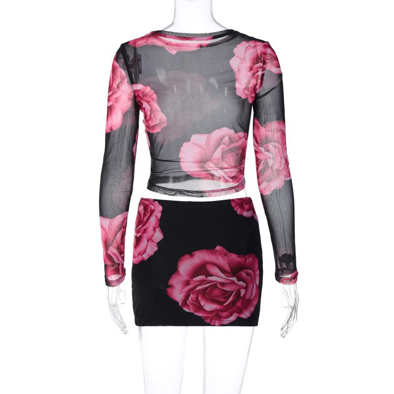 acelimosf™-Mesh see through flower print long sleeve slit mini skirt set