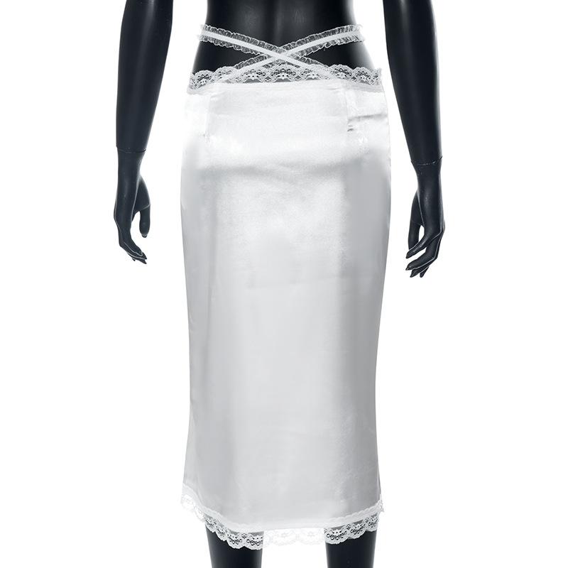 acelimosf™-Lace patchwork cross back chiffon solid midi skirt y2k 90s Revival Techno Fashion