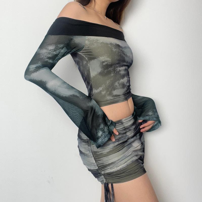 acelimosf™-Long sleeve off shoulder contrast tie dye drawstring mini skirt set