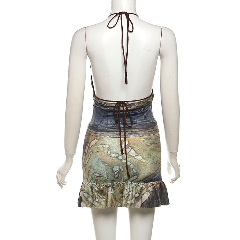 acelimosf™-Halter self tie print deep V neck ruched mini skirt set