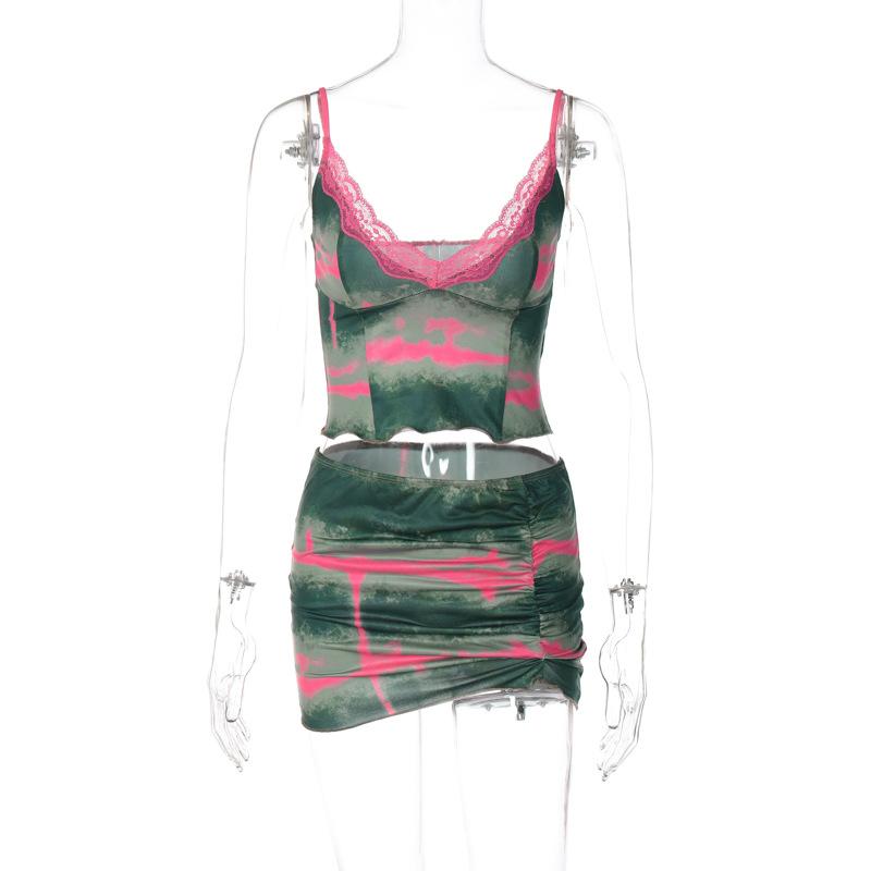 acelimosf™-Tie dye v neck lace hem ruched cami mini skirt set