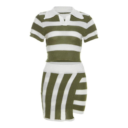 acelimosf™-Irregular turnover collar short sleeve striped knitted mini skirt set