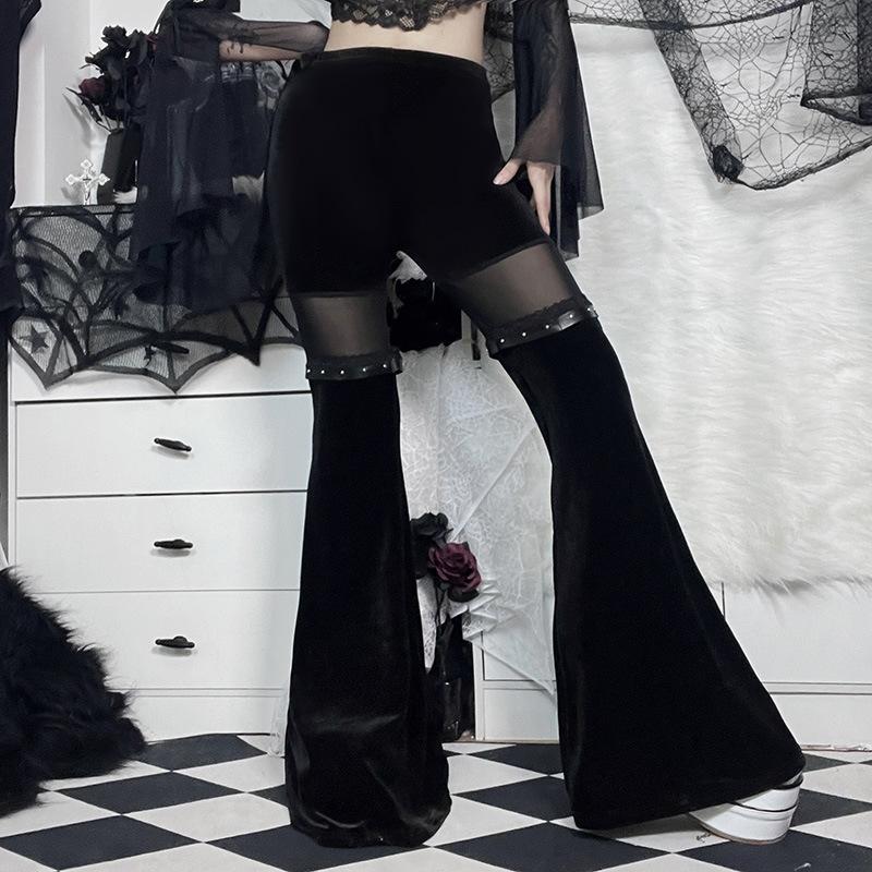 acelimosf™-Mesh patchwork solid lace hem velvet flared pant goth Alternative Darkwave Fashion goth Emo Darkwave Fashion