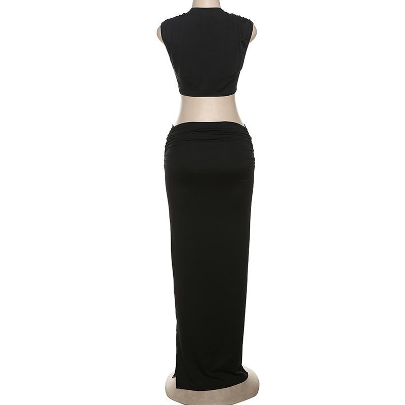 acelimosf™-Sleeveless hollow out ruched slit solid maxi skirt set