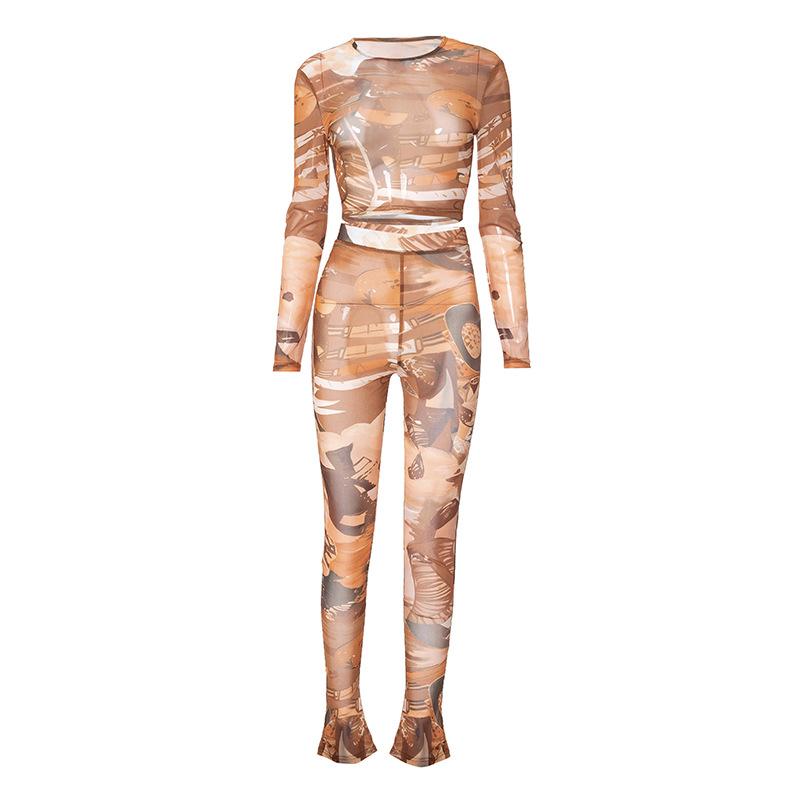 acelimosf™-Long sleeve crewneck print sheer mesh pant set