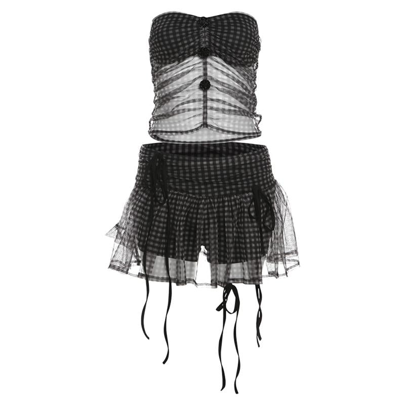 acelimosf™-Plaid flower applique mesh ruched tube skirt set