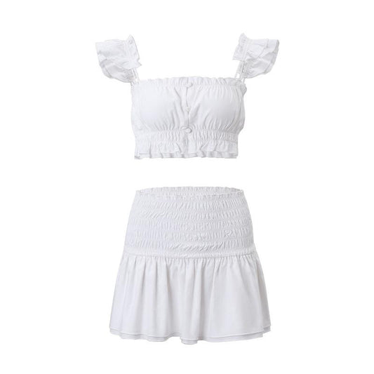 acelimosf™-Smocked solid cap sleeve ruffle button mini skirt set y2k 90s Revival Techno Fashion