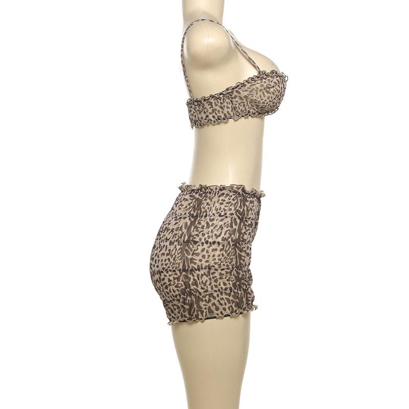 acelimosf™-Leopard print ruffle ruched crop pant set