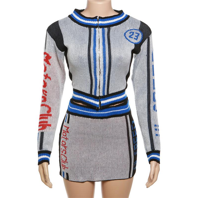 acelimosf™-Knitted long sleeve contrast zip-up mini skirt set