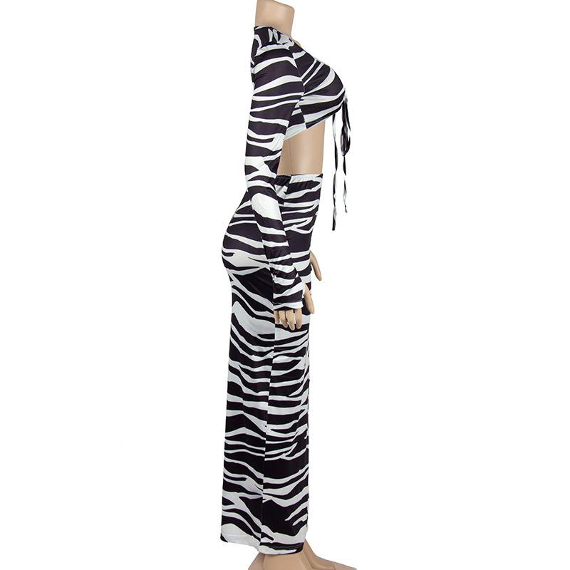 acelimosf™-Zebra print self tie contrast long sleeve irregular slit maxi skirt set