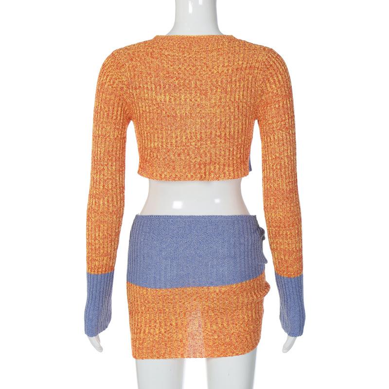 acelimosf™-Knitted patchwork contrast long sleeve hollow out mini skirt set