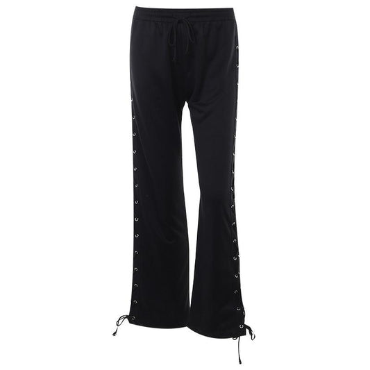 acelimosf™-Lace up solid hollow out medium rise pant goth Emo Darkwave Fashion