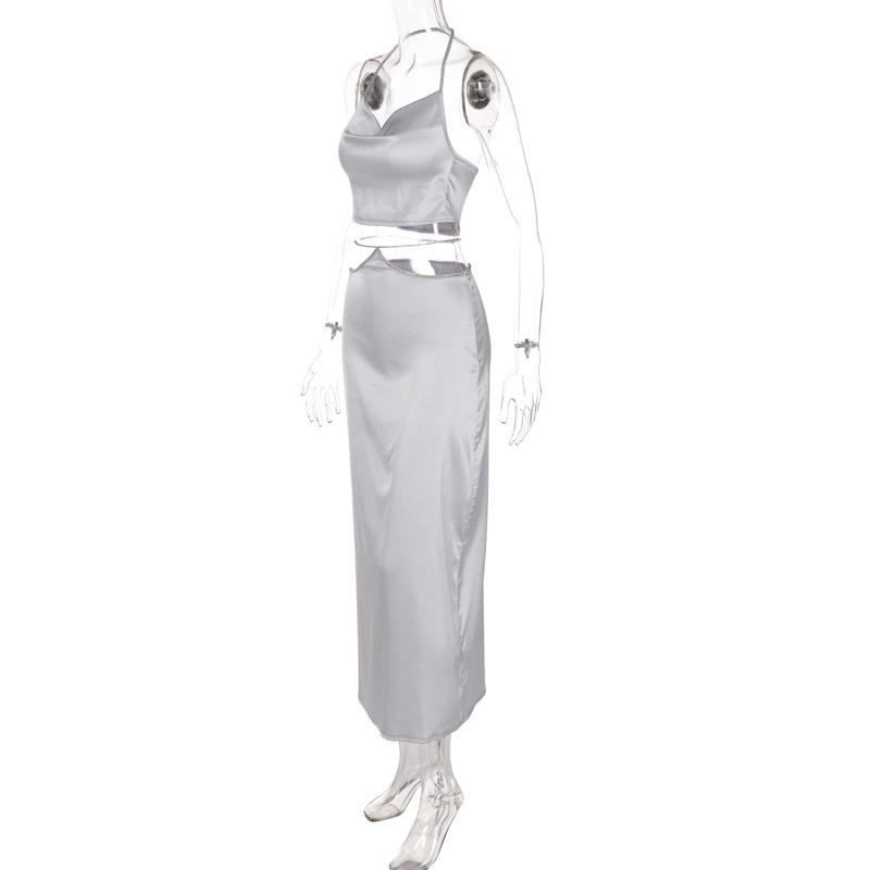 acelimosf™-Cowl neck zip-up metal chain satin halter maxi skirt set